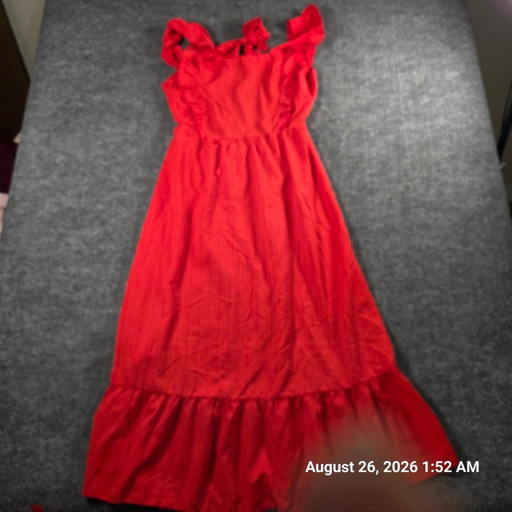 Elings Womens Red Ruffle Tie Shoulder Tiered Midi Sun Dress Small